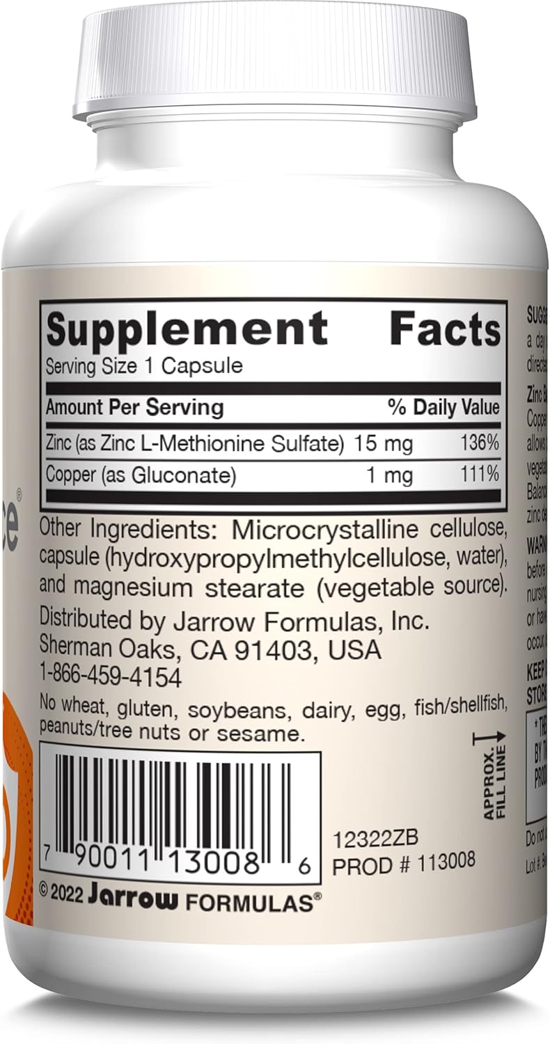Jarrow Formulas Zinc Balance 15 mg - 100 Servings (Veggie Caps) - Zinc with Copper - Essential Minerals for Immune System Support - Immune Support Supplement - Gluten Free Copper Supplement, Vegan