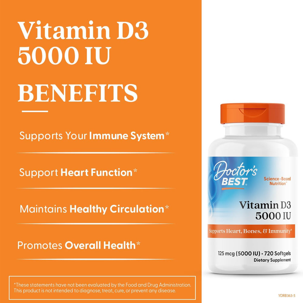 Doctor'S Best Vitamin D3, Capsule 5, 000 Iu for Healthy Bones, Teeth, Heart & Immune Support, Non-GMO, Gluten-Free, Soy Free, 720 Count (Pack of 1)
