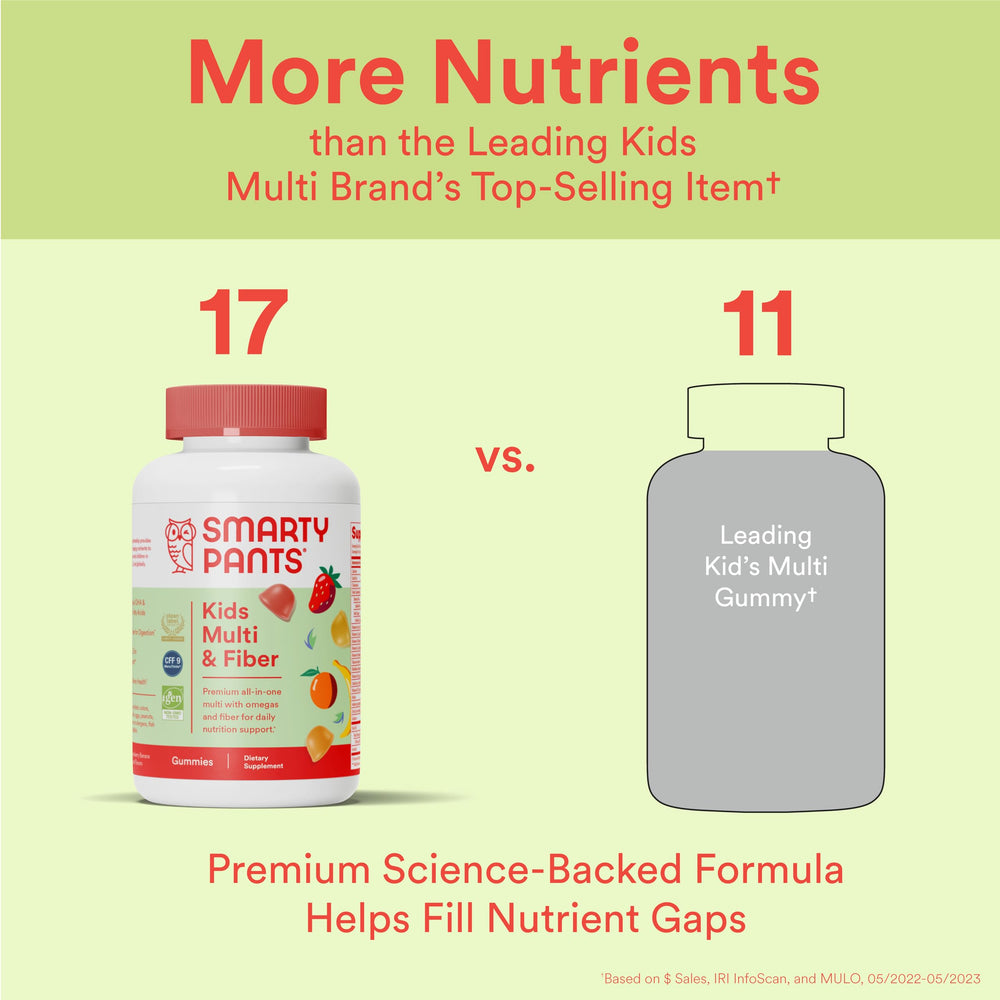 SmartyPants Kids Multivitamin & Fiber Gummies: Prebiotic Fiber to Support Kids Digestion with Vitamin D3, C, Vitamin B12, B6, A, Zinc, Biotin, Folate, Three Fruit Flavors, 90 Count (30 Day Supply)