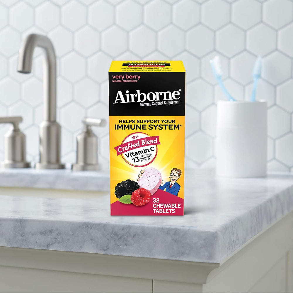 Airborne Vitamin C 1000mg (per Serving) Very Berry Chewable Tablets (32 Count in a Box), Gluten-Free Immune Support Supplement, with Vitamins A C E, ZINC, Selenium, Echinacea & Ginger, Antioxidants