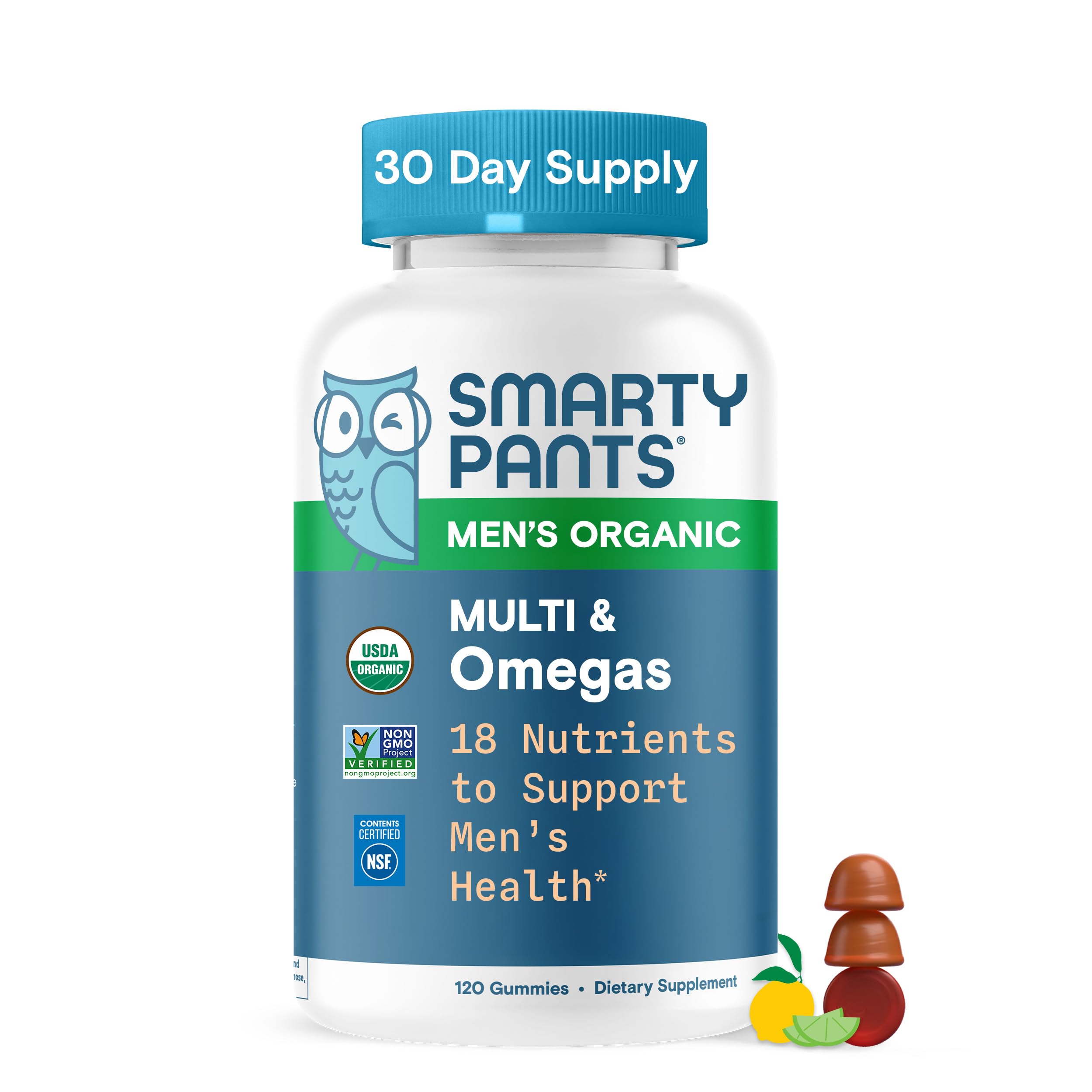 SmartyPants Multivitamin for Men, Organic Gummies: Methylfolate, Omega 3 (ALA), Vitamin D3, C, Vitamin B12, B6, A, K & Zinc for Immune Support, Biotin, Vegetarian, 120 Gummies (30 Day Supply)