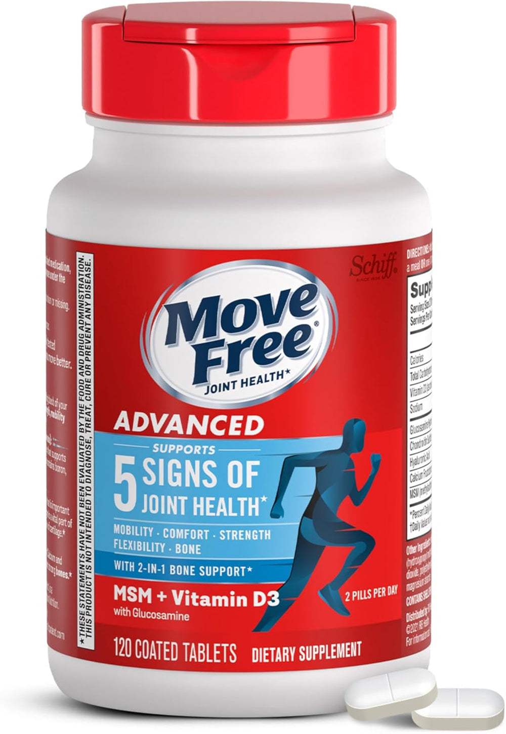 Move Free Advanced Glucosamine Chondroitin MSM + Vitamin D3 Joint Support Supplement, Supports Mobility Comfort Strength Flexibility & Bone + Immune Health - Tablet, 3x120ct Bottles (120 servings)*
