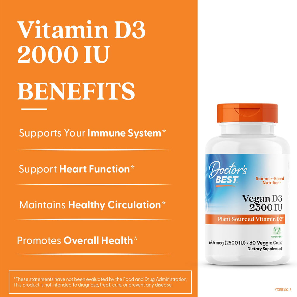Doctors Best Vegan Vitamin D3 2500 IU Veg Caps - Vegan Vitamin D Supplement for Men & Women, Helps Support Calcium Absorption, Heart Health & Immune Support, 62.5 mcg per Serving - 60 Veggie Capsules