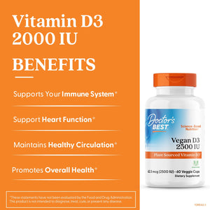 Doctors Best Vegan Vitamin D3 2500 IU Veg Caps - Vegan Vitamin D Supplement for Men & Women, Helps Support Calcium Absorption, Heart Health & Immune Support, 62.5 mcg per Serving - 60 Veggie Capsules