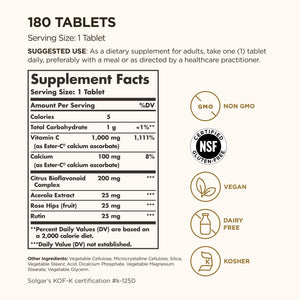 Solgar Ester-C Plus 1000 mg Vitamin C (Ascorbate Complex), 60 Tablets - Gentle On The Stomach & Non Acidic - Antioxidant & Immune System Support - Non GMO, Vegan, Gluten-Free, Kosher - 60 Servings