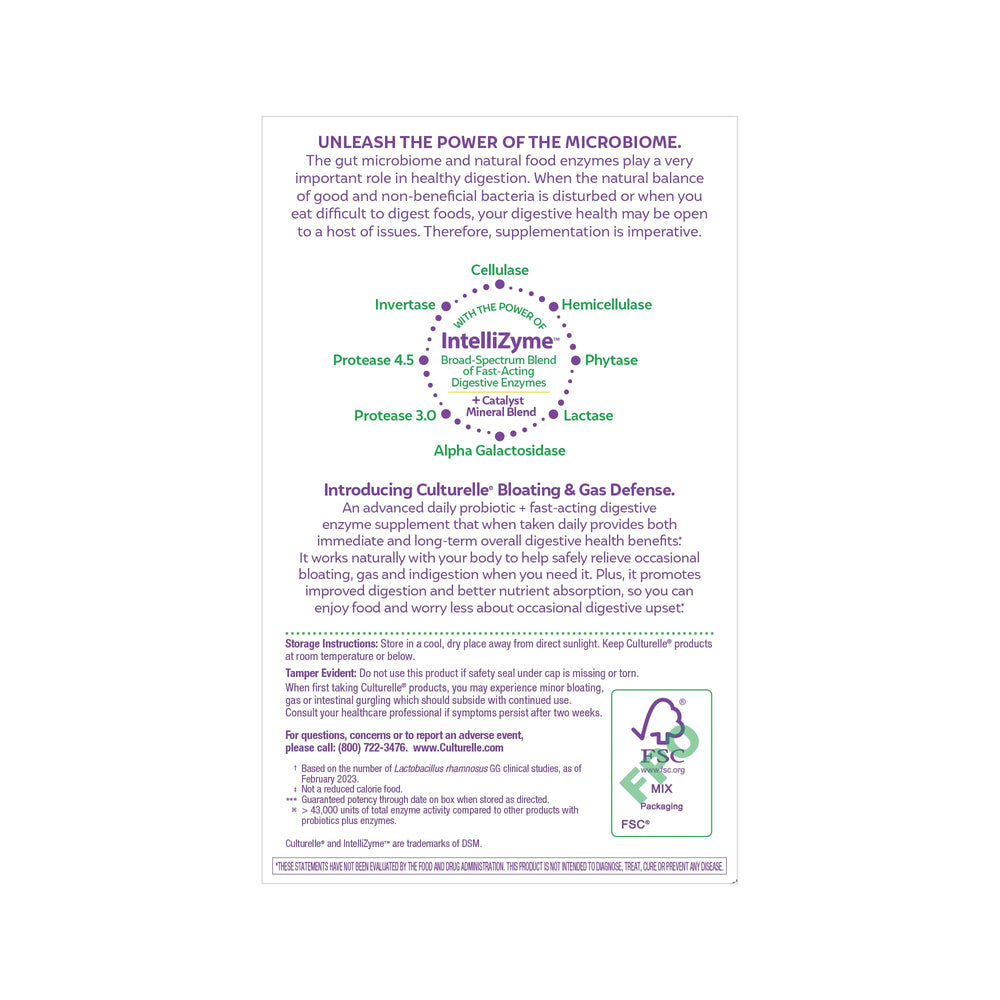 Culturelle Bloating & Gas Defense, Digestive Enzymes & Probiotics for Digestive Health, 30 Capsules, Supports Occasional Indigestion & Discomfort