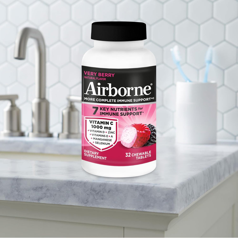 Airborne 1000mg Vitamin C Chewable Tablets With Zinc, Immune Support Supplement With Powerful Antioxidants Vitamins A C & E - 32 Chewable Tablets, Very Berry Flavor