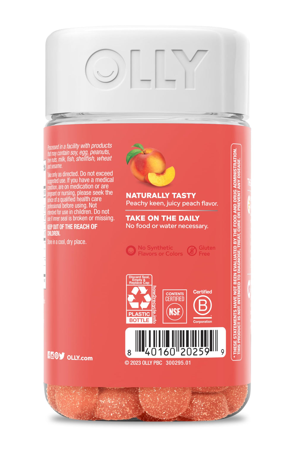 OLLY Probiotic + Prebiotic Gummy, Digestive Support and Gut Health, 500 Million CFUs, Fiber, Adult Chewable Supplement for Men and Women, Peach, 60 Day Supply - 60 Count