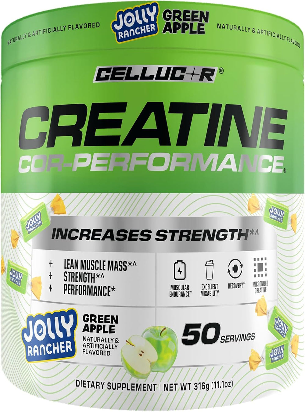 Cellucor Creatine Powder, Jolly Rancher Green Apple - Increases Strength, Lean Muscle Mass & Endurance, Micronized Creatine for Fast Absorption, 5g Creatine per Serving, 50 Servings