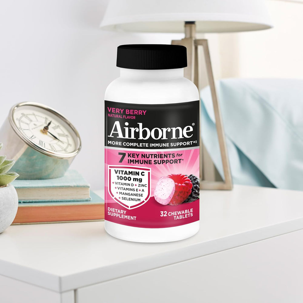 Airborne 1000mg Vitamin C Chewable Tablets With Zinc, Immune Support Supplement With Powerful Antioxidants Vitamins A C & E - 32 Chewable Tablets, Very Berry Flavor