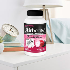 Airborne 1000mg Vitamin C Chewable Tablets With Zinc, Immune Support Supplement With Powerful Antioxidants Vitamins A C & E - 32 Chewable Tablets, Very Berry Flavor
