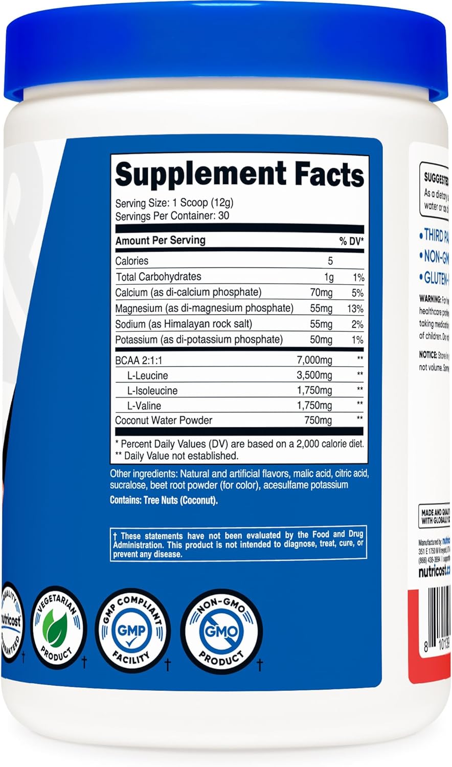 Nutricost BCAA + Hydration Powder (Strawberry, 30 Servings) - Branched Chain Amino Acids with Hydration Complex, Gluten Free, Non-GMO, Vegetarian