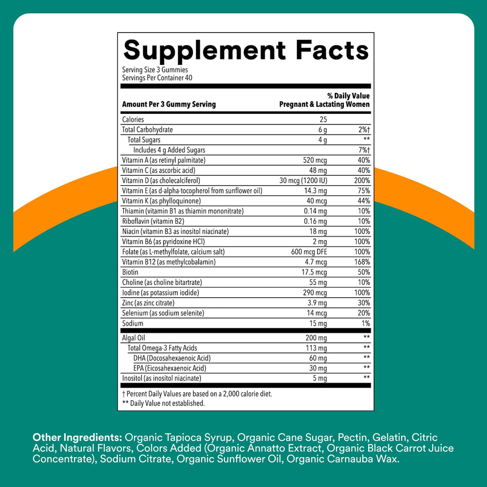 SmartyPants Prenatal Multivitamin Gummies - Improved Formula: Omega 3 (DHA/EPA), Methylfolate, Biotin, Vitamin D3, C, Vitamin B12, B6, Vitamin A, K & Zinc, Gluten Free, 120 Count (40 Day Supply)