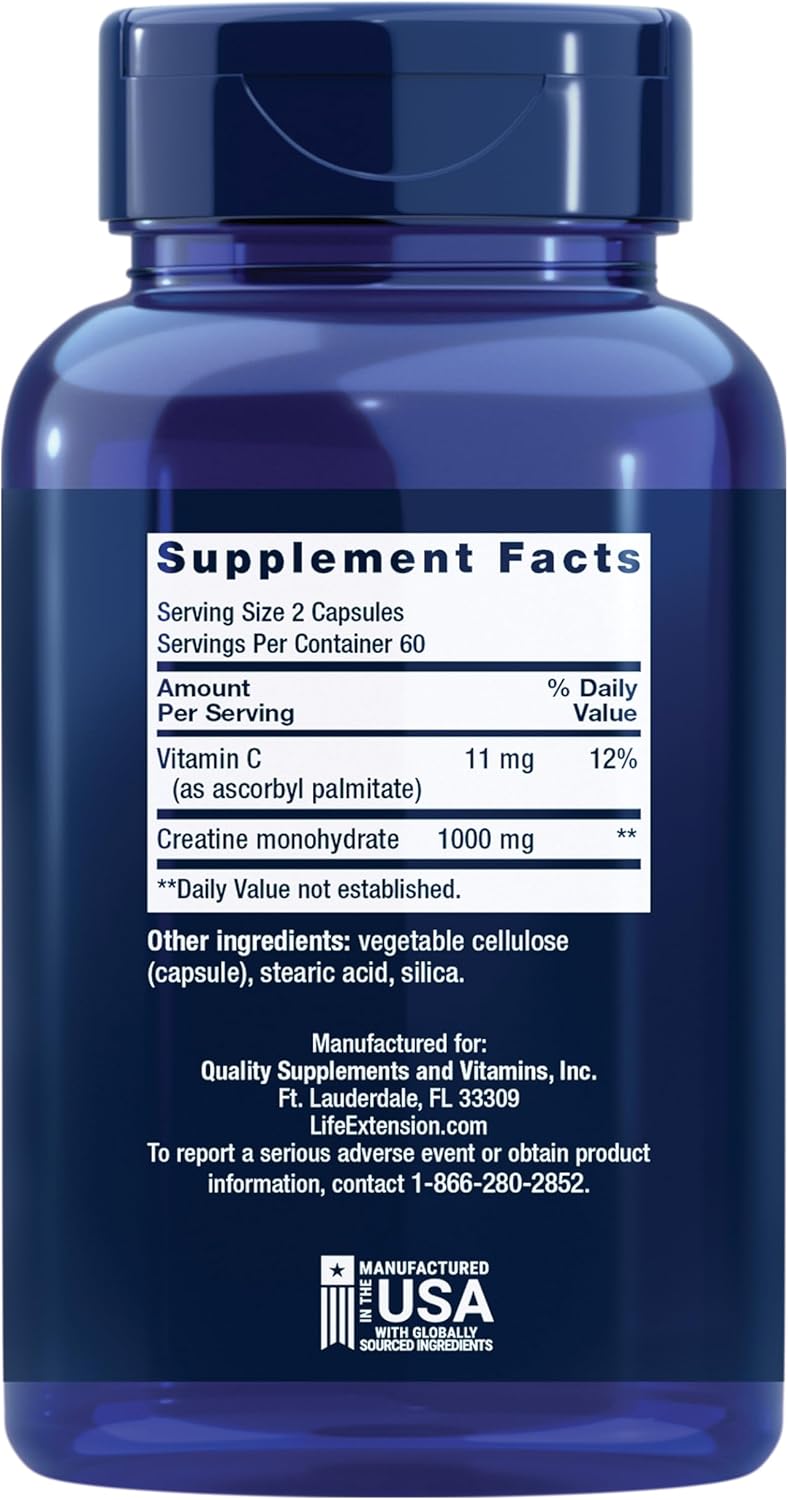Life Extension Creatine Capsules – Creatine Monohydrate – Promotes Strength, Lean Muscle, Healthy Endurance – Non-GMO, Gluten-Free – 120 Capsules
