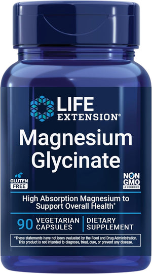 Life Extension Magnesium Glycinate, Heart Health, Bone Health, Nerve and Muscle Support, Highly absorbable, Gluten-Free, Non-GMO, Vegetarian, 90 Capsules