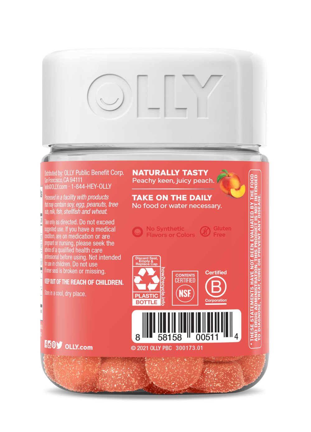 OLLY Probiotic + Prebiotic Gummy, Digestive Support and Gut Health, 500 Million CFUs, Fiber, Adult Chewable Supplement for Men and Women, Peach, 60 Day Supply - 60 Count