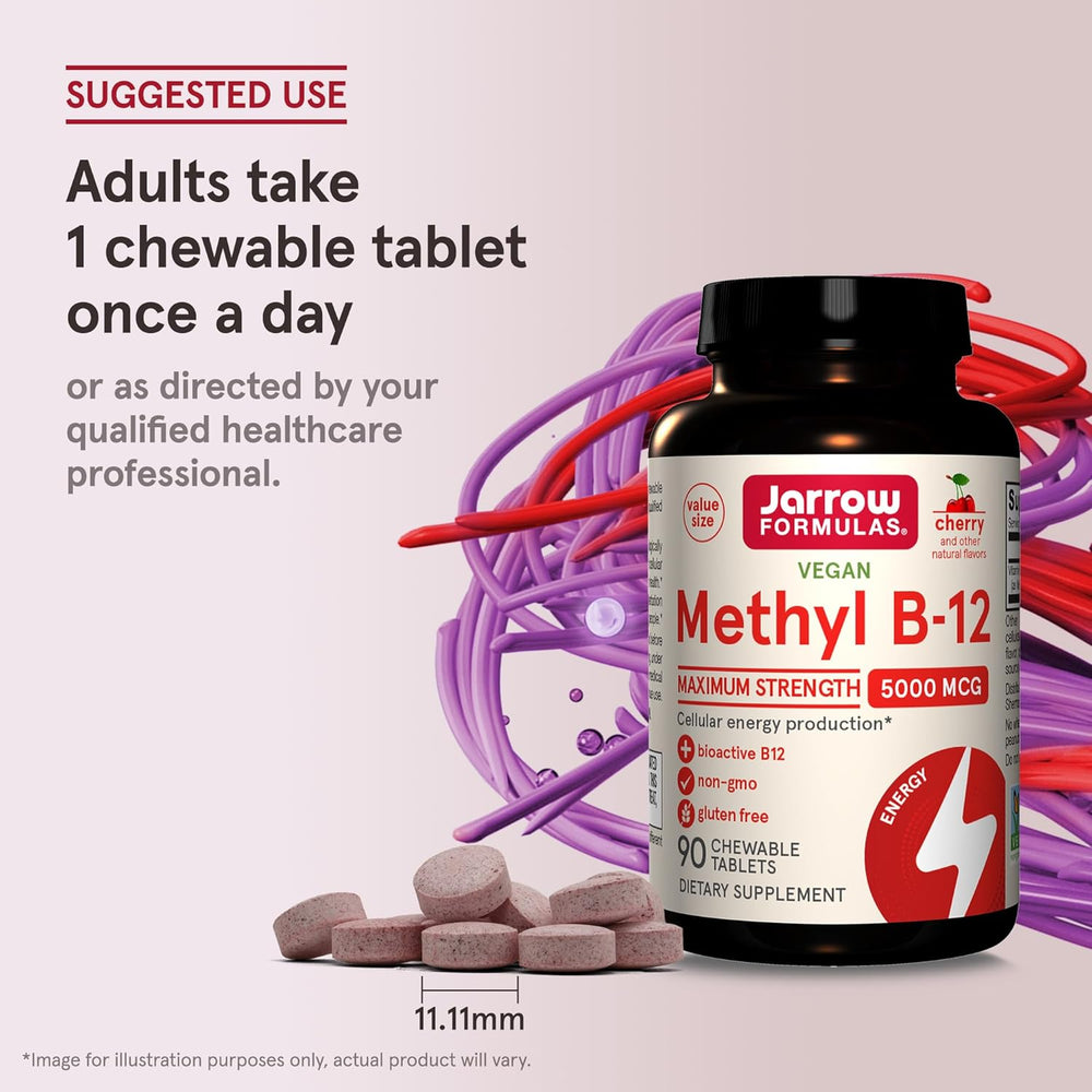 Jarrow Formulas Methyl Vitamin B12 5000 mcg - 60 Chewable Tablets, Naturally Fruit Flavored- Bioactive B12 Vitamin - Supports Cellular Energy Production, Brain Health & Metabolism - 60 Servings