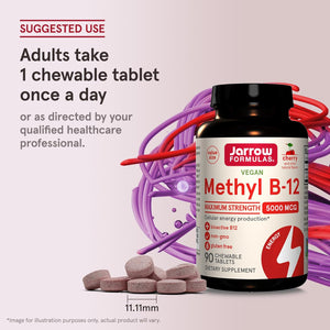Jarrow Formulas Methyl Vitamin B12 5000 mcg - 60 Chewable Tablets, Naturally Fruit Flavored- Bioactive B12 Vitamin - Supports Cellular Energy Production, Brain Health & Metabolism - 60 Servings
