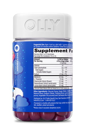 OLLY Kids Sleep Gummy, Occasional Sleep Support, 0.5mg Melatonin, L Theanine, Chamomile, and Lemon Balm Extracts, Childrens Chewable Supplement, Raspberry Flavor - 90 Count