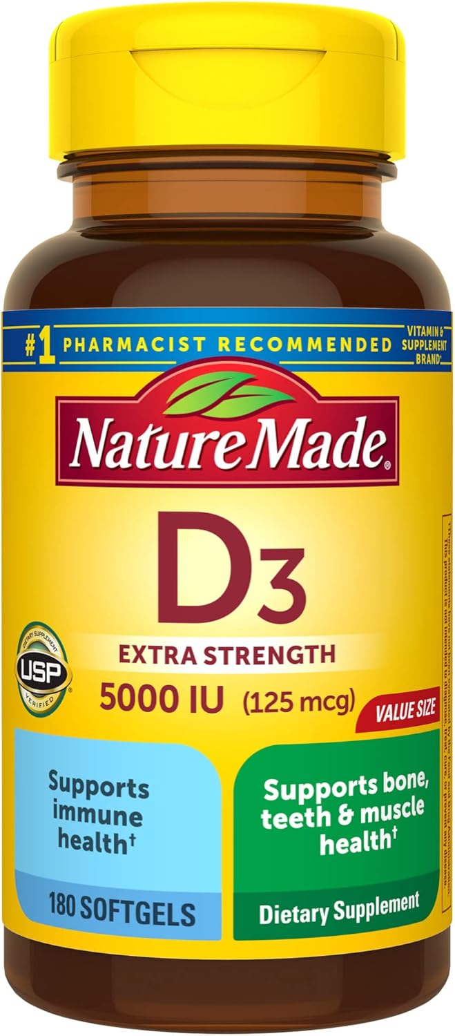 Nature Made Vitamin D3 5000 IU (125 mcg) Softgels, Extra Strength Vitamin D Supplement for Bone and Immune Health Support, 90 Softgels, 90 Day Supply