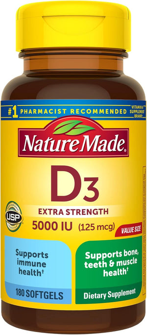 Nature Made Vitamin D3 5000 IU (125 mcg) Softgels, Extra Strength Vitamin D Supplement for Bone and Immune Health Support, 90 Softgels, 90 Day Supply