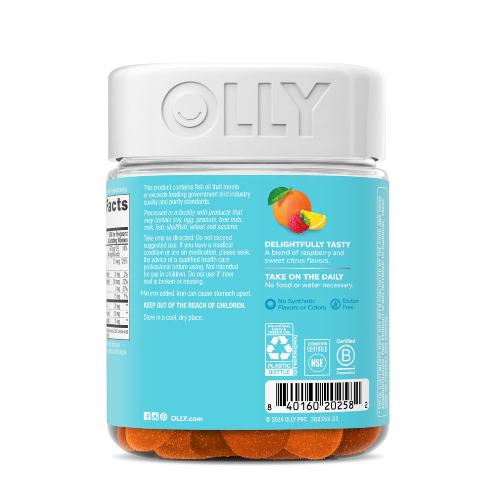 OLLY Essential Prenatal Gummy Multivitamin, Folic Acid, Vitamin D, Omega 3 DHA, Supports Healthy Growth and Brain Development, Citrus Berry - 84 Count