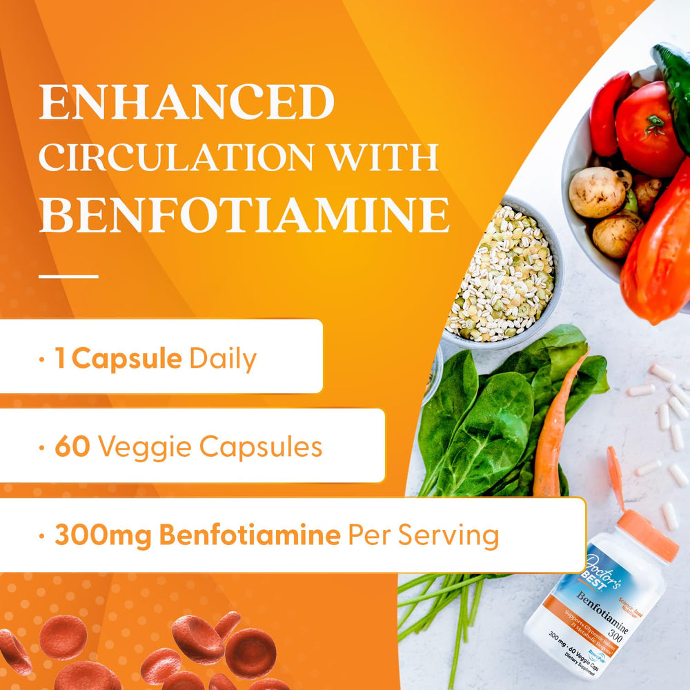 Doctor's Best Benfotiamine 300 with BenfoPure, Helps Maintain Healthy Glucose Metabolism, Non-GMO, Vegan, Gluten Free, Soy Free, 300 mg, 60 Veggie Caps