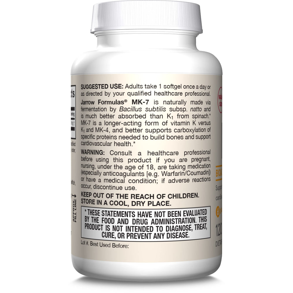 Jarrow Formulas MK-7 90 mcg - Bioactive Form of Vitamin K2-120 Servings (Softgels) - for Bone & Cardiovascular Health - Vitamin K2 MK-7 Dietary Supplement - Gluten Free