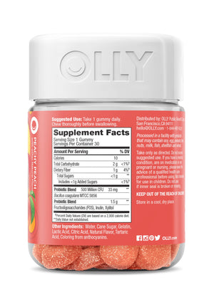 OLLY Probiotic + Prebiotic Gummy, Digestive Support and Gut Health, 500 Million CFUs, Fiber, Adult Chewable Supplement for Men and Women, Peach, 60 Day Supply - 60 Count