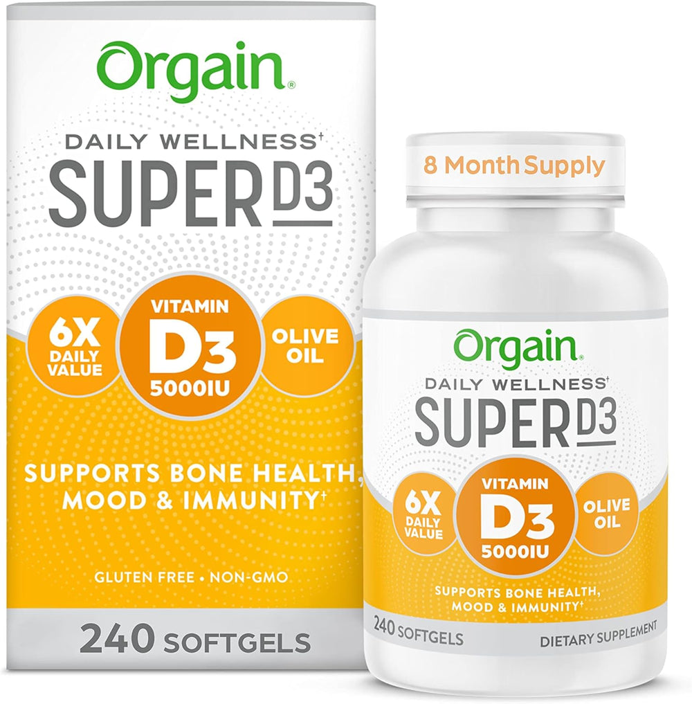 Orgain Super Vitamin D3 Supplement 5,000iu (125mcg) Immune, Bone, and Mood Support, Organic Olive Oil for Better Absorption - 8 Month Supply (240 Softgels)