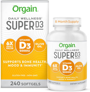 Orgain Super Vitamin D3 Supplement 5,000iu (125mcg) Immune, Bone, and Mood Support, Organic Olive Oil for Better Absorption - 8 Month Supply (240 Softgels)