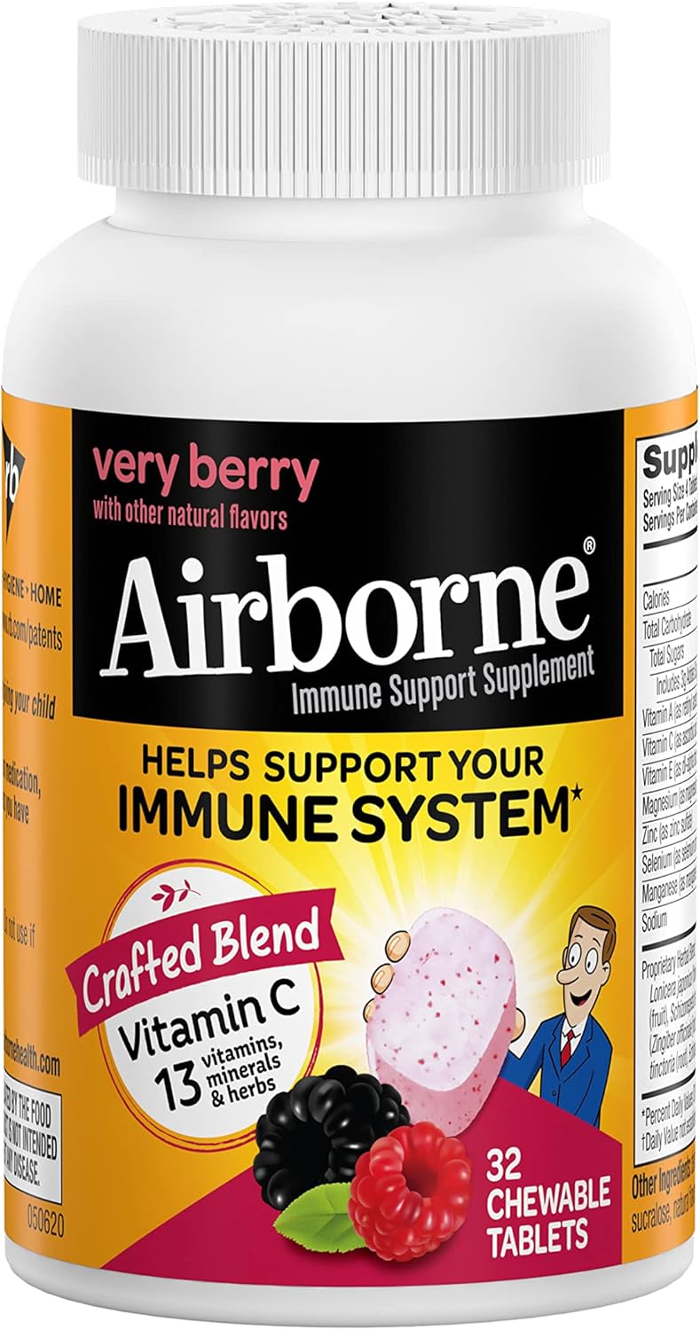 Airborne Vitamin C 1000mg (per Serving) Very Berry Chewable Tablets (32 Count in a Box), Gluten-Free Immune Support Supplement, with Vitamins A C E, ZINC, Selenium, Echinacea & Ginger, Antioxidants