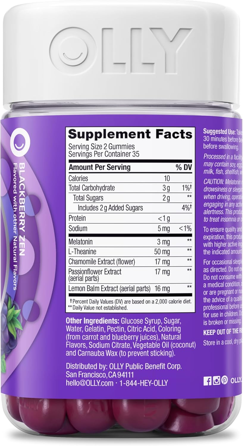 OLLY Sleep Gummy, 3mg Melatonin, L-Theanine, Chamomile, Lemon Balm, Sleep Aid, BlackBerry, 90 Count