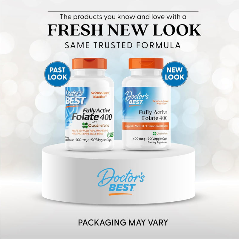 Doctor's Best Fully Active Folate with Quatrefolic400 mcg, Healthy Mood, Memory, Circulation, Well-Being, 90 VC