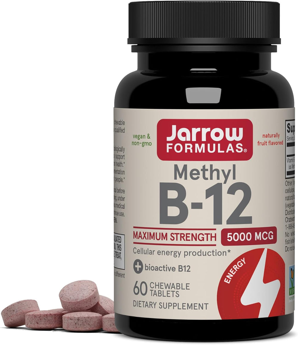 Jarrow Formulas Methyl Vitamin B12 5000 mcg - 60 Chewable Tablets, Naturally Fruit Flavored- Bioactive B12 Vitamin - Supports Cellular Energy Production, Brain Health & Metabolism - 60 Servings
