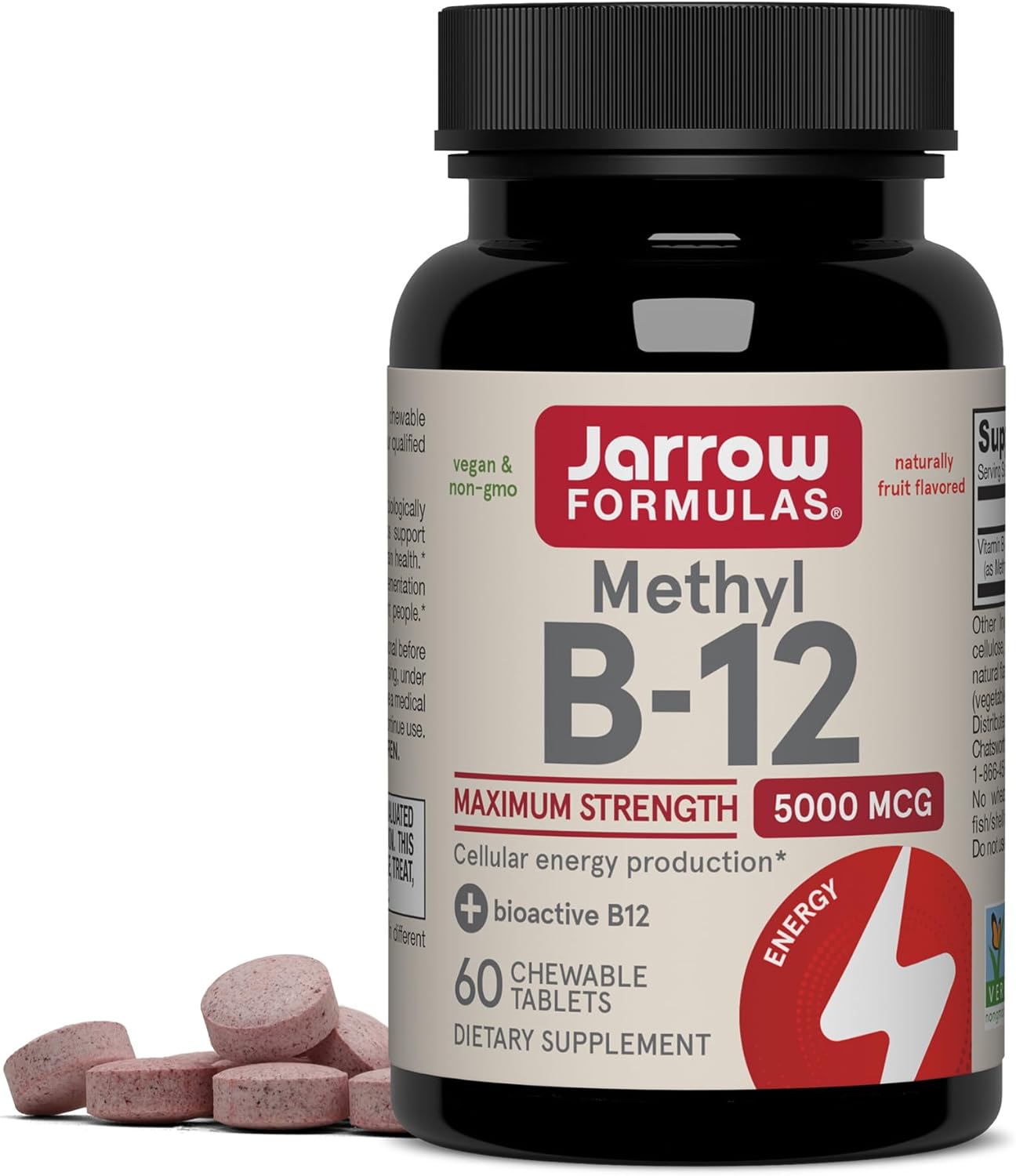 Jarrow Formulas Methyl Vitamin B12 5000 mcg - 60 Chewable Tablets, Naturally Fruit Flavored- Bioactive B12 Vitamin - Supports Cellular Energy Production, Brain Health & Metabolism - 60 Servings