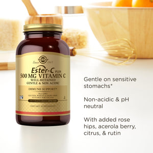 Solgar Ester-C Plus 500 mg Vitamin C (Ascorbate Complex), 250 Vegetable Capsules - Gentle & Non Acidic - Antioxidant & Immune Support - Non GMO, Vegan, Gluten Free, Kosher - 250 Servings