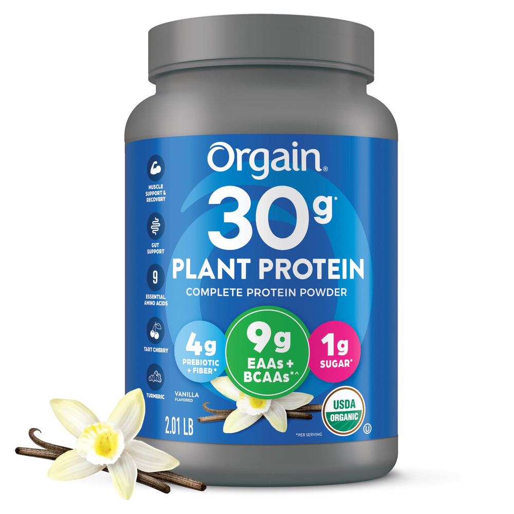 Orgain Organic 30g Vegan Plant Protein Powder, Vanilla, 9g EAAs + BCAAs, High Plant Protein, 4g Prebiotic + Fiber, 1g Sugar, Pre-Workout, Muscle Support + Recovery - 2.01lb (Packaging May Vary)