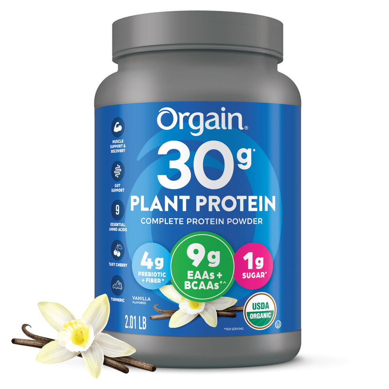 Orgain Organic 30g Vegan Plant Protein Powder, Vanilla, 9g EAAs + BCAAs, High Plant Protein, 4g Prebiotic + Fiber, 1g Sugar, Pre-Workout, Muscle Support + Recovery - 2.01lb (Packaging May Vary)