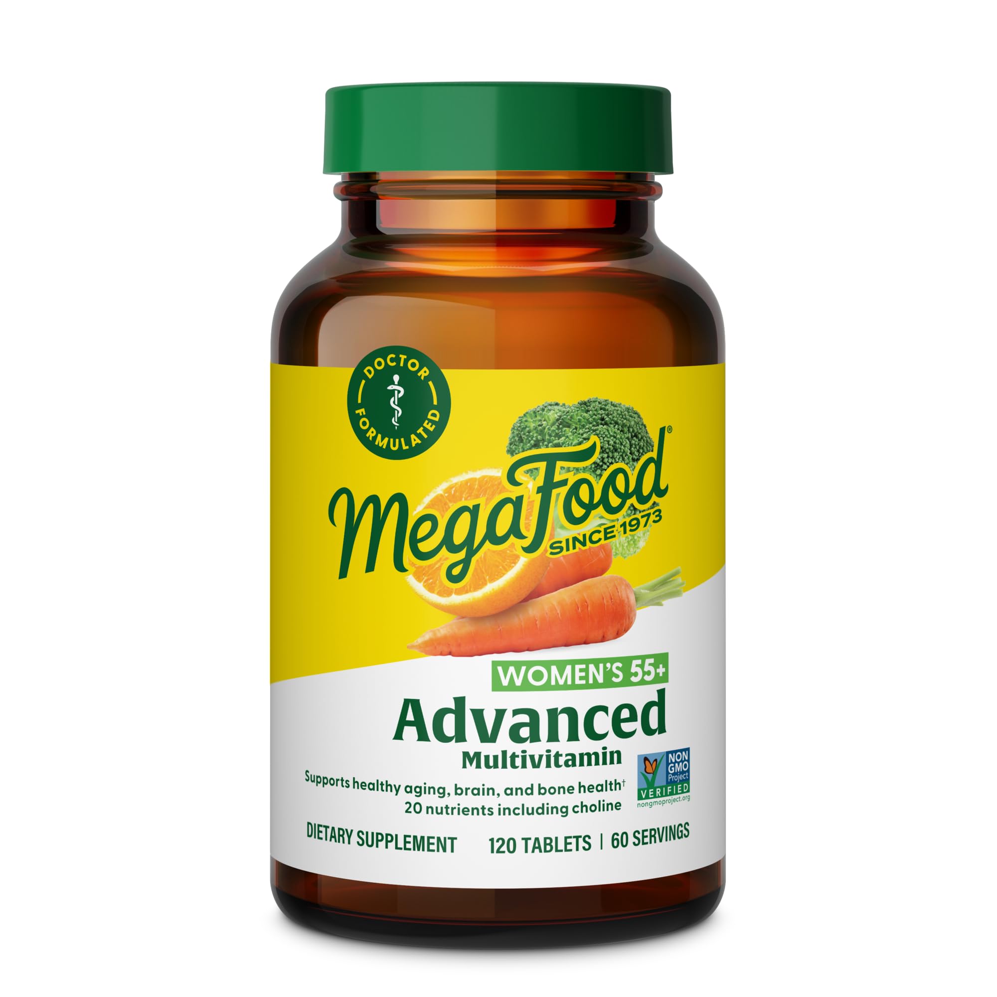MegaFood Advanced Multivitamin for Women 55+, Womens Multivitamin, Methylated B12, Methyl folate, Choline, Vitamin D3, Biotin, Healthy Aging, Brain & Bone Health, Vegetarian, 120 Tablets (60 Servings)