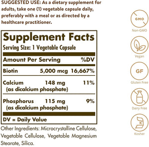Solgar Biotin 5000 mcg - Supports Healthy Skin, Nails & Hair - Supports Energy Production & Metabolism - Vitamin B - Non-GMO, Vegan, Gluten Free - 180 Count