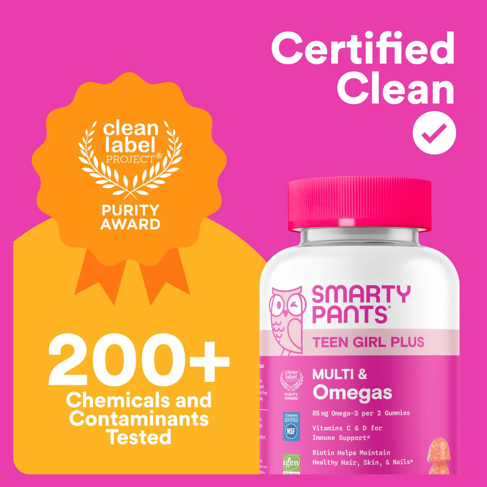 SmartyPants Teen Girl Multivitamin Gummies - Improved Formula: Omega 3 (DHA/EPA), Vitamin C, D3, B12, Vitamin A, K & Zinc, Biotin to Support Hair, Skin & Nails, Gluten Free, 60 Count (30 Day Supply)