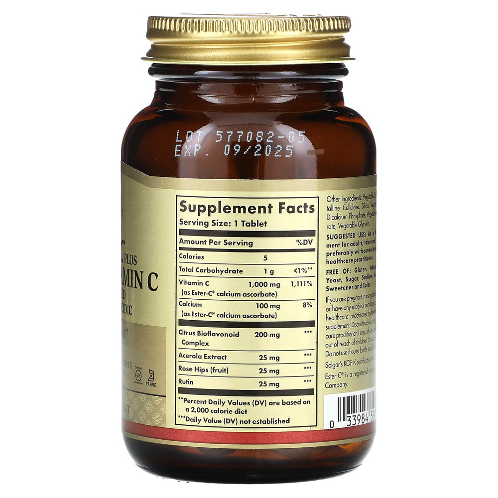 Solgar Ester-C Plus 1000 mg Vitamin C (Ascorbate Complex), 60 Tablets - Gentle On The Stomach & Non Acidic - Antioxidant & Immune System Support - Non GMO, Vegan, Gluten-Free, Kosher - 60 Servings