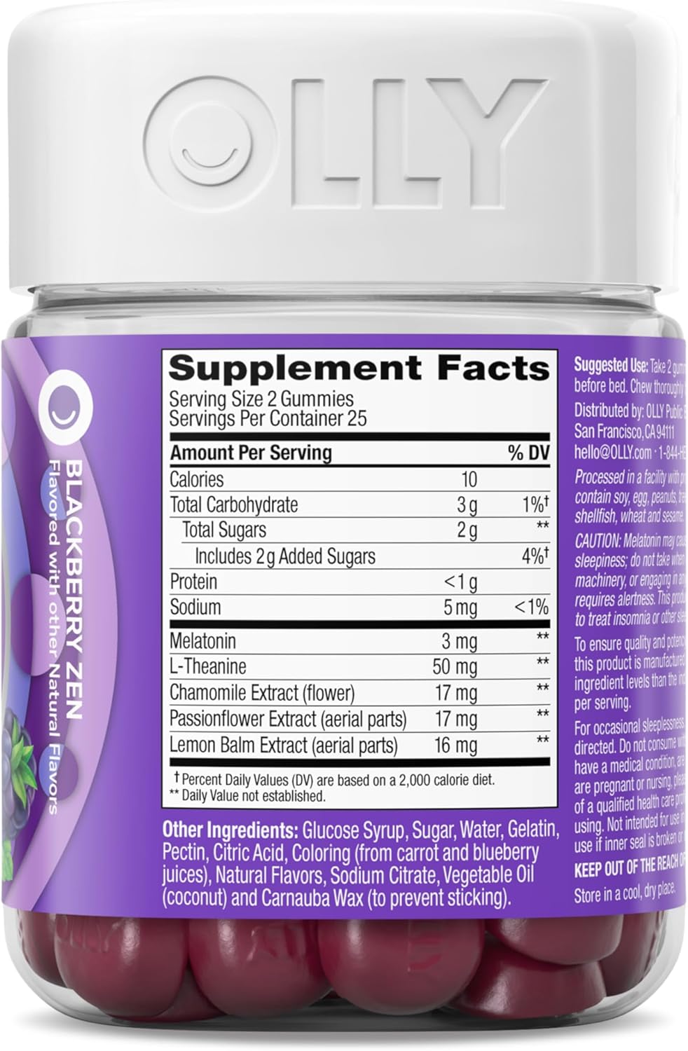 OLLY Sleep Gummy, 3mg Melatonin, L-Theanine, Chamomile, Lemon Balm, Sleep Aid, BlackBerry, 90 Count