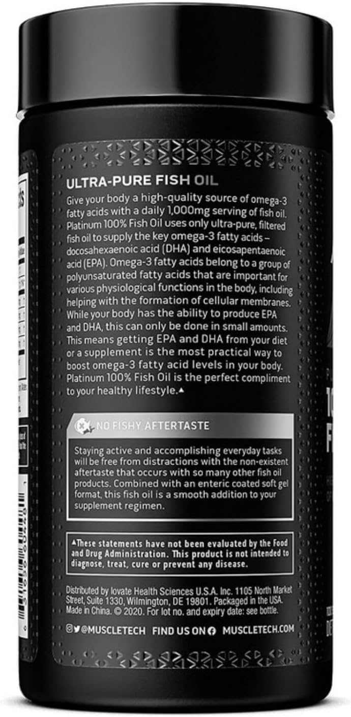 Omega 3 Fish Oil Capsules MuscleTech 100% Omega Fish Oil Burpless Fish Oil Supplement Omega 3 Fatty Acid Supplement Fish Oil 1000mg Pills, 100 Count