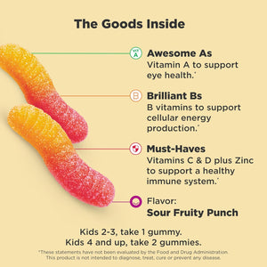 OLLY Kids Multivitamin Gummy Worms, Overall Health and Immune Support, Vitamins and Minerals A, C, D, E, Bs and Zinc, Kids Chewable Supplement, Sour Fruit Punch, 45 Day Supply - 100 Count