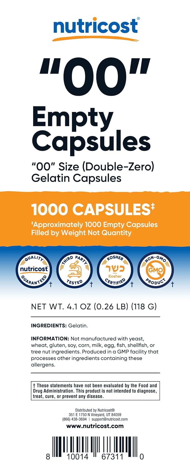Nutricost Empty Capsules Gelatin Size 00-1,000 Clear Empty 00 Gelatin Capsules - Halal Certified, Non-GMO, Soy Free, Gluten Free