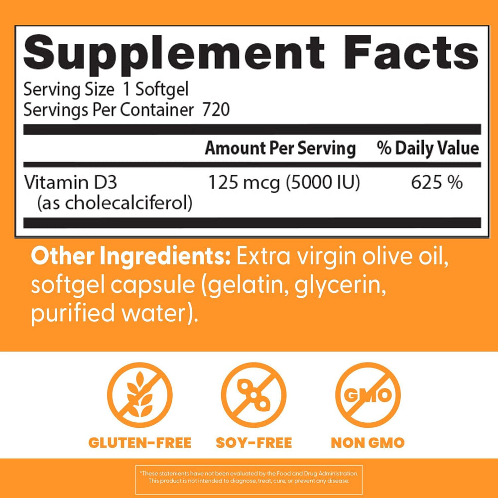 Doctor'S Best Vitamin D3, Capsule 5, 000 Iu for Healthy Bones, Teeth, Heart & Immune Support, Non-GMO, Gluten-Free, Soy Free, 720 Count (Pack of 1)