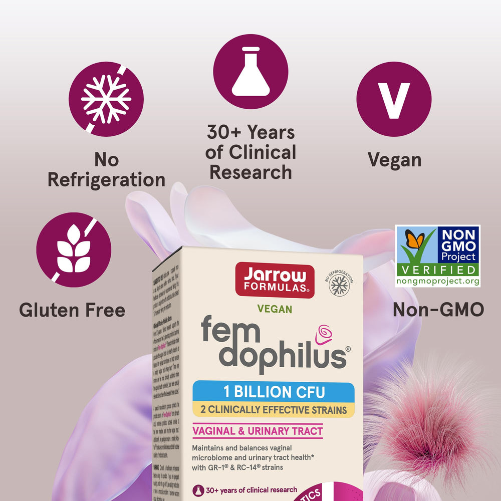 Jarrow Formulas Fem-Dophilus Probiotics 1 Billion CFU with 2 Science-Backed Strains, Dietary Suppl for Vaginal and Urinary Tract Supp,60 Veggie Caps,Up to a 60 Day Supply, Shelf-Stable,12 Packs