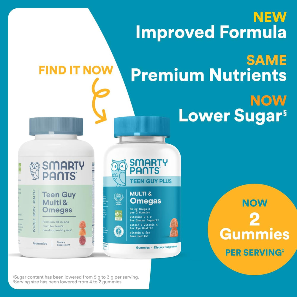 SmartyPants Teen Guy Formula, Daily Multivitamin Gummies: Vitamins C, B12, K, Zinc, & Biotin for Immune Support, Energy, Skin & Hair Support, Assorted Fruit Flavor, 120 Gummies (30 Day Supply)